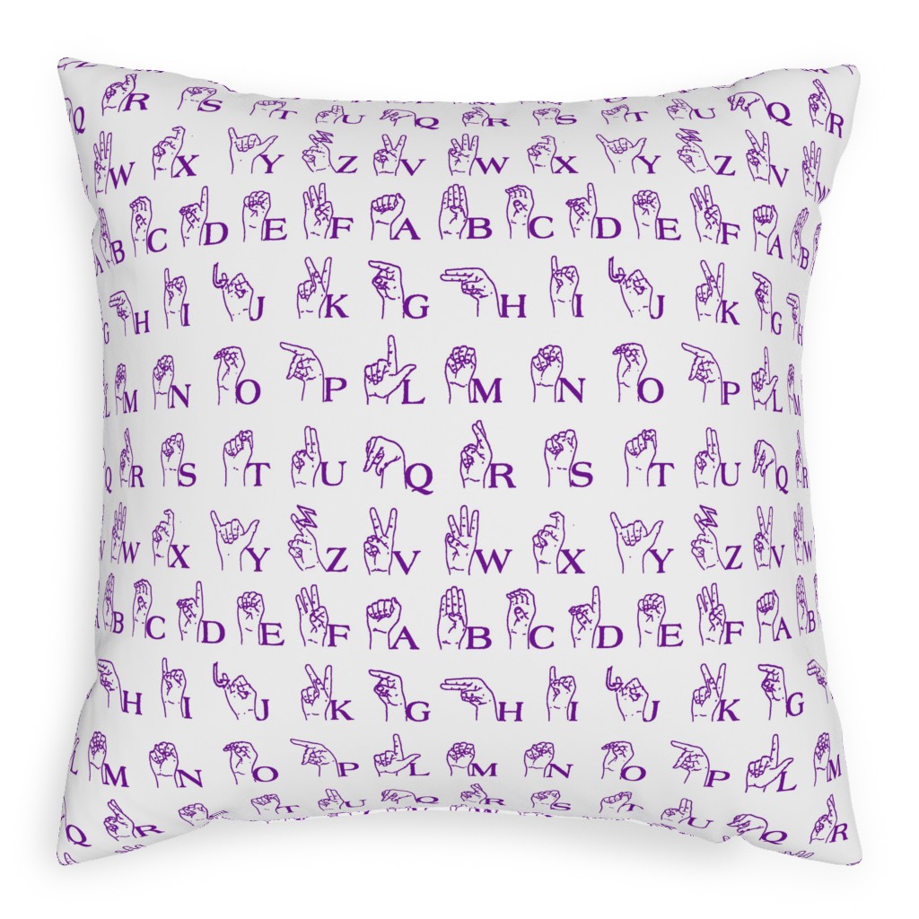 Sign Language Alphabet Pillow, Woven, White, 20x20, Double Sided, Purple