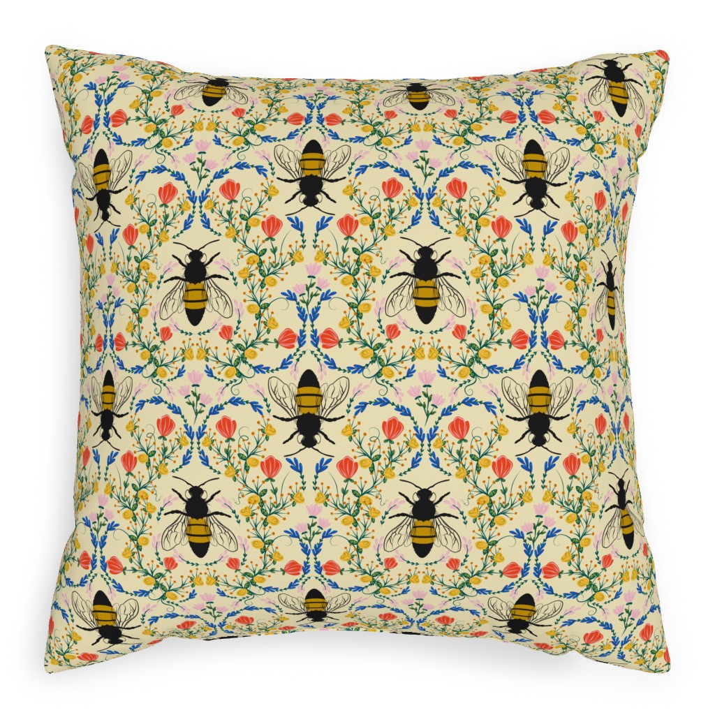 Bee Garden - Multi on Cream Pillow, Woven, White, 20x20, Double Sided, Yellow, Classic Yellow