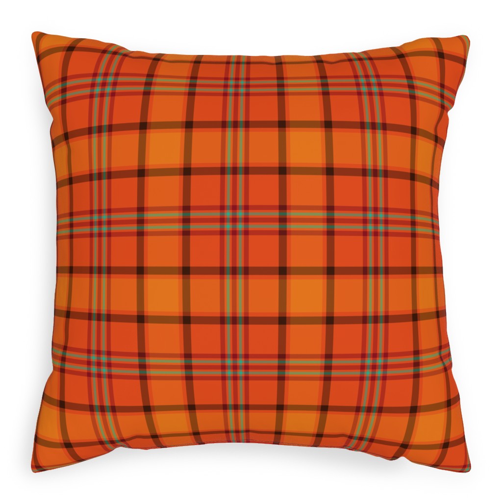 Orange With Black Plaid Pillow, Woven, White, 20x20, Double Sided, Orange