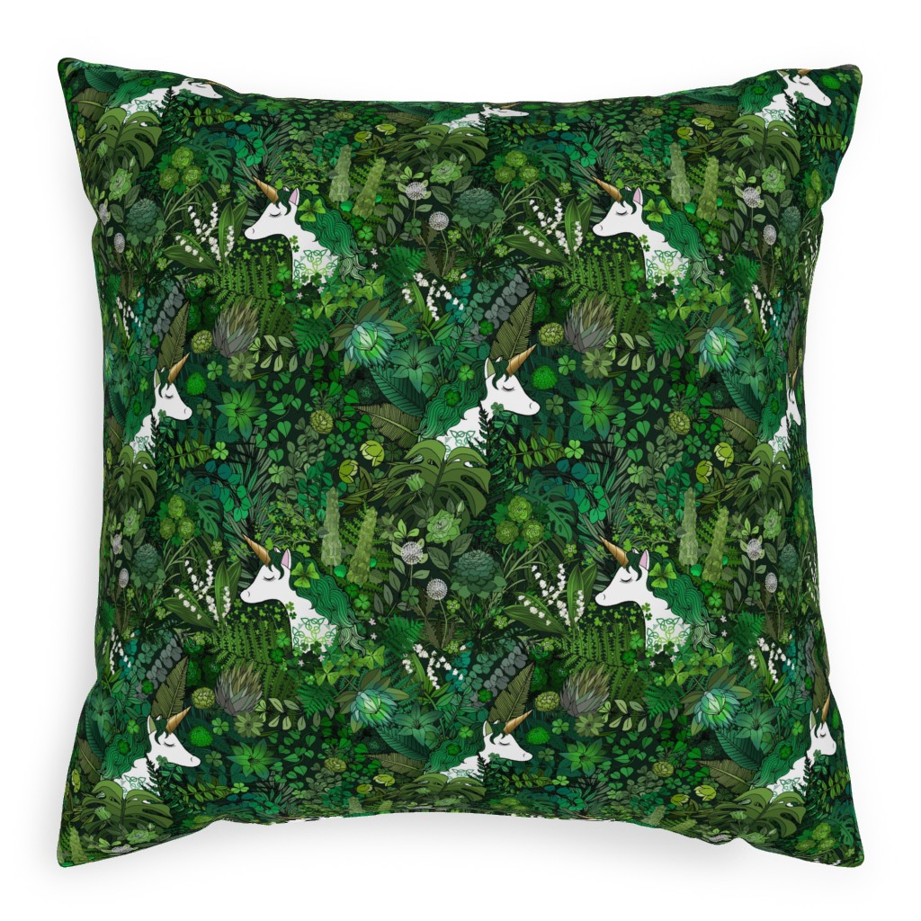 Irish Unicorn in a Green Garden Pillow, Woven, White, 20x20, Double Sided, Green