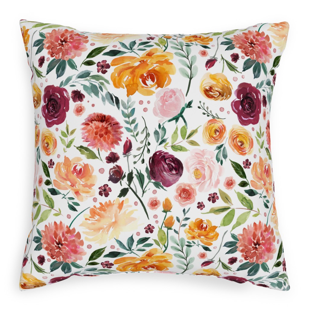 Orange Burgandy Floral Pillow, Woven, White, 20x20, Double Sided, Multicolor