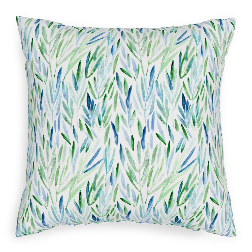 Watercolor Eucalyptus Leaves - Blue and Green Pillow, Woven, White, 20x20, Double Sided, Green