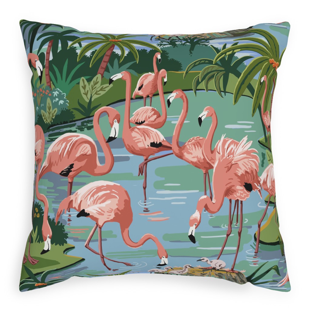 Flamingo Lagoon - Multicolor Pillow, Woven, White, 20x20, Double Sided, Multicolor