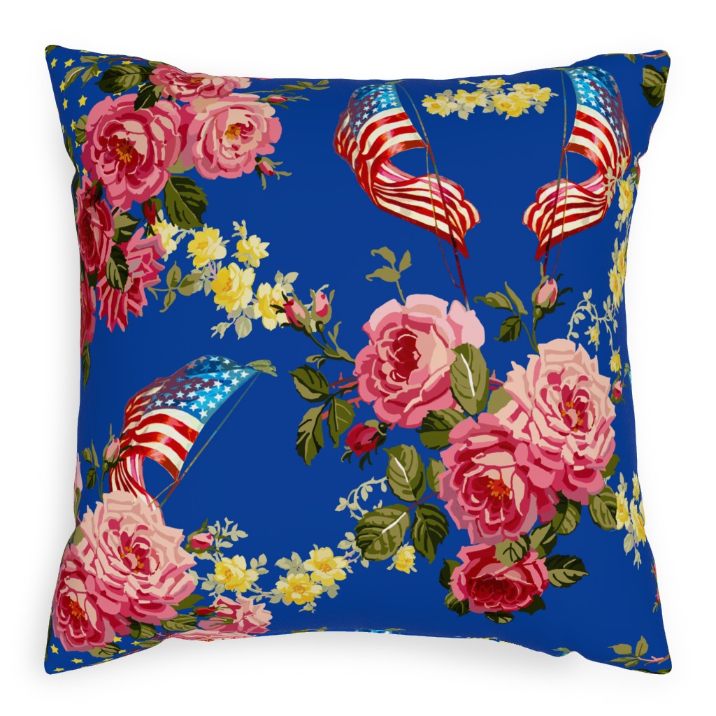 Americana Summer Roses - Blue Pillow, Woven, White, 20x20, Double Sided, Blue
