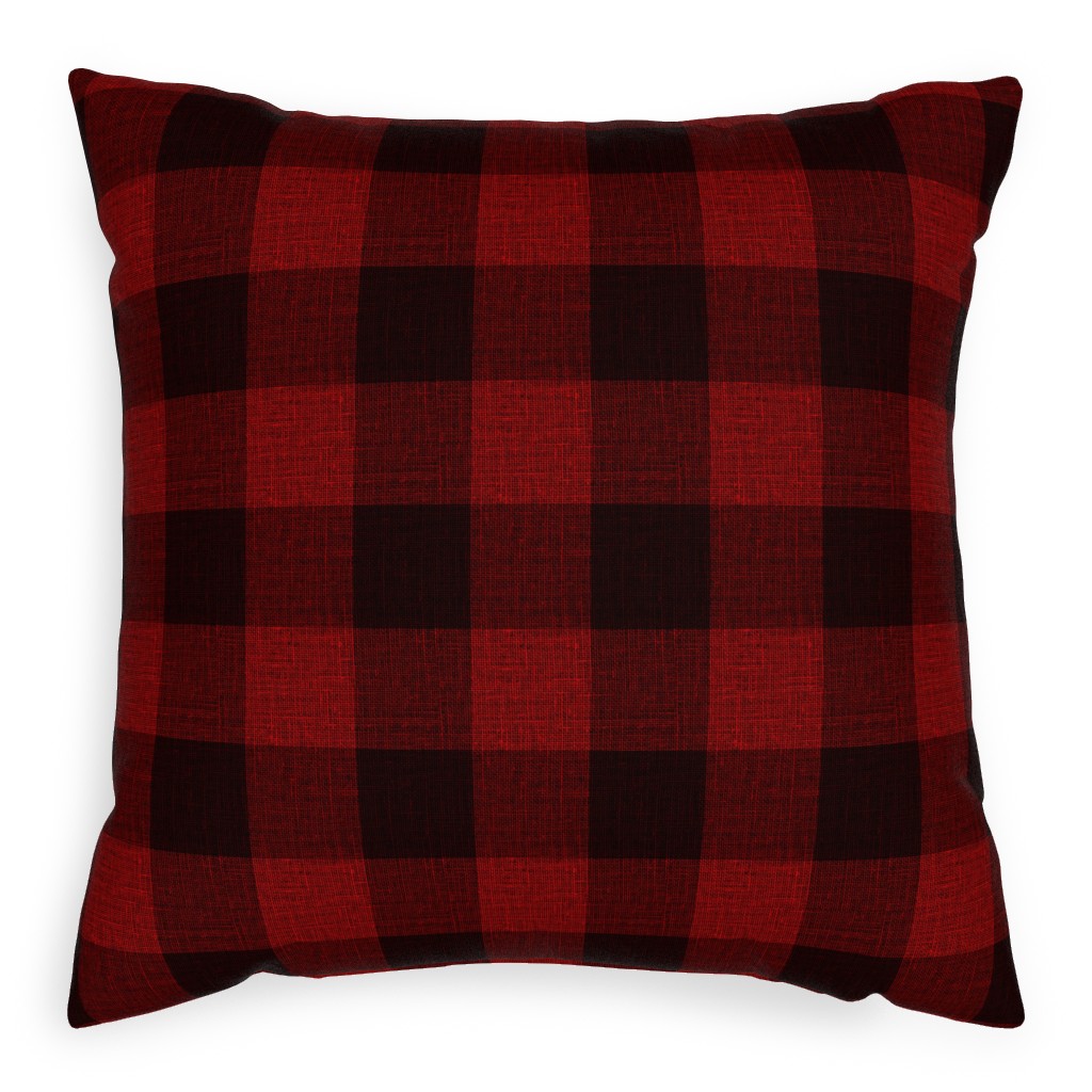 Linen Look Gingham Lumberjack - Red, Black Pillow, Woven, White, 20x20, Double Sided, Red