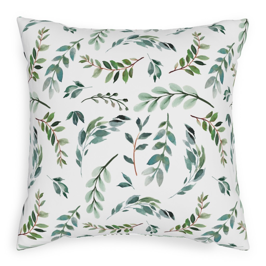 Paprika Floral Greenery Leafs - Green Pillow, Woven, White, 20x20, Double Sided, Green, Classic Green