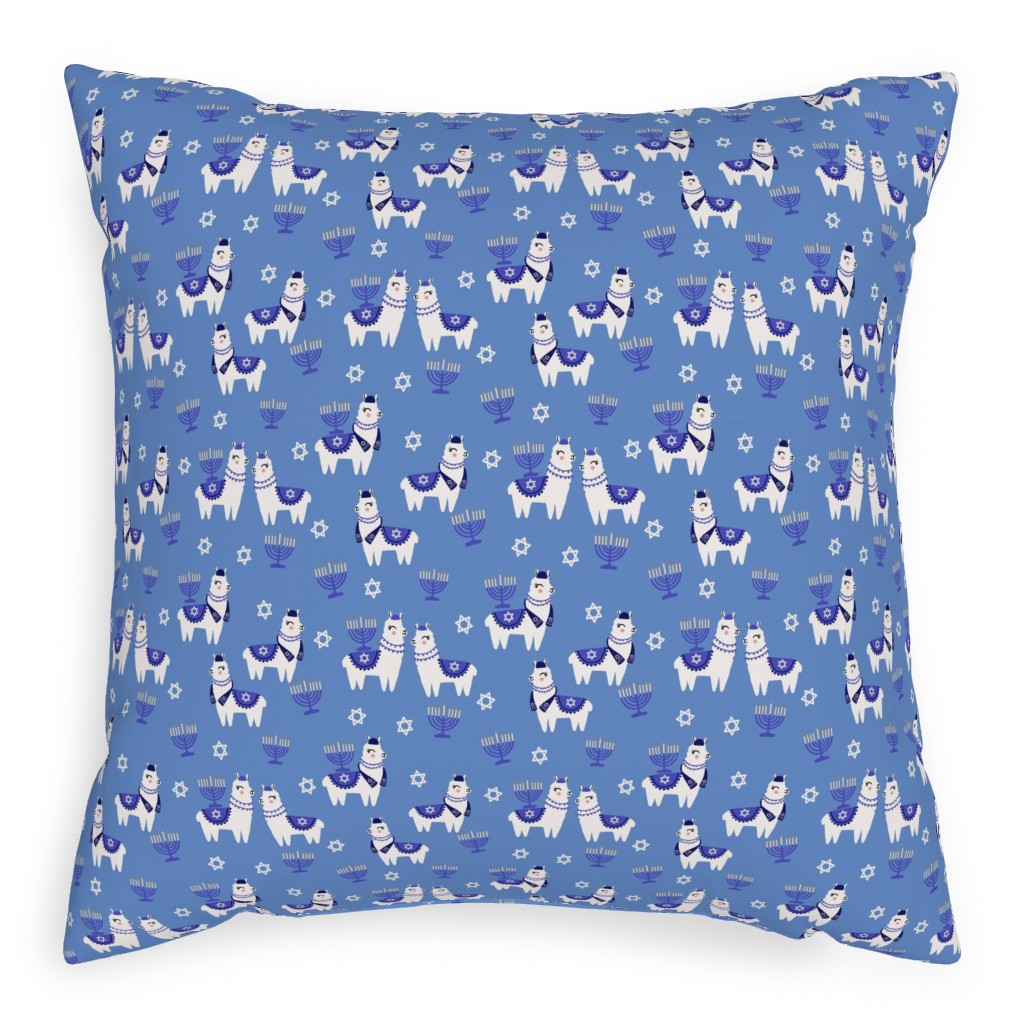 Llamakah - Blue Pillow, Woven, White, 20x20, Double Sided, Blue