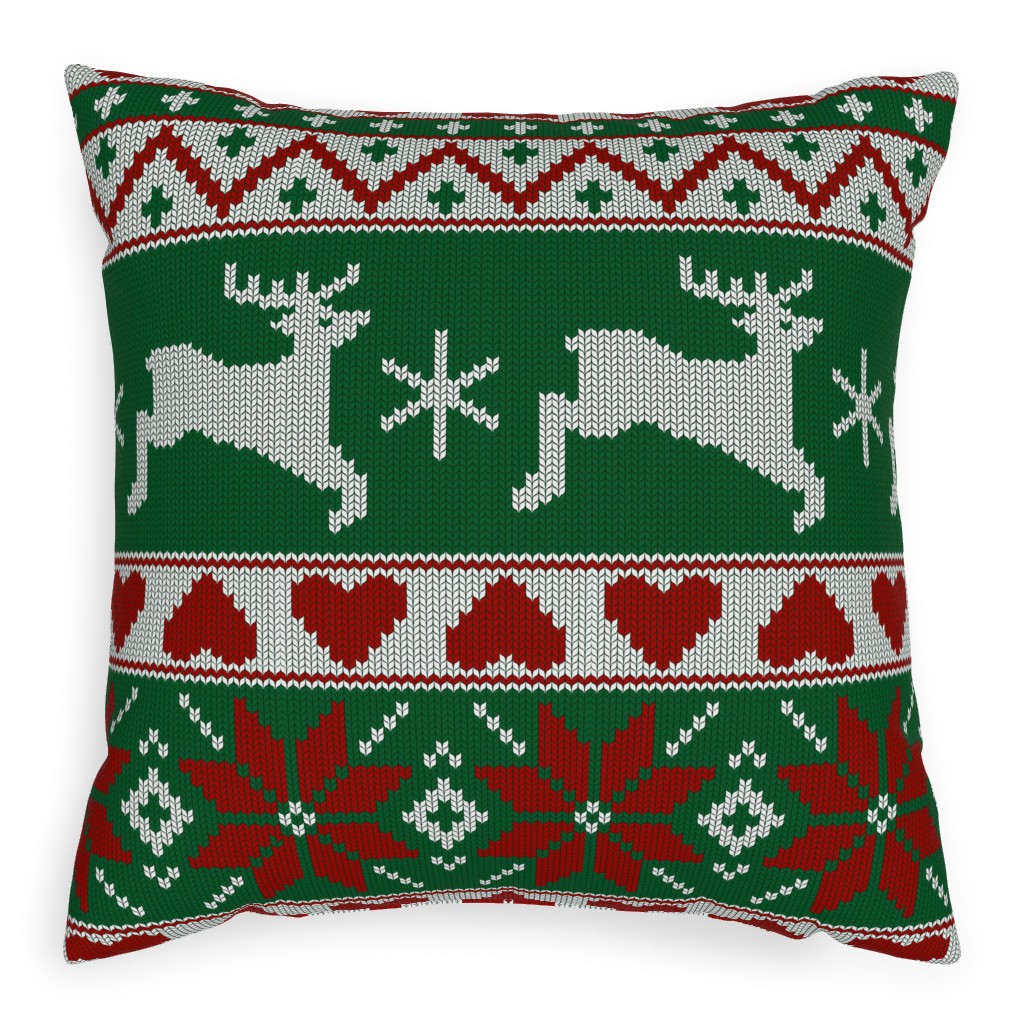 Christmas Knit - Green and Red Pillow, Woven, White, 20x20, Double Sided, Multicolor