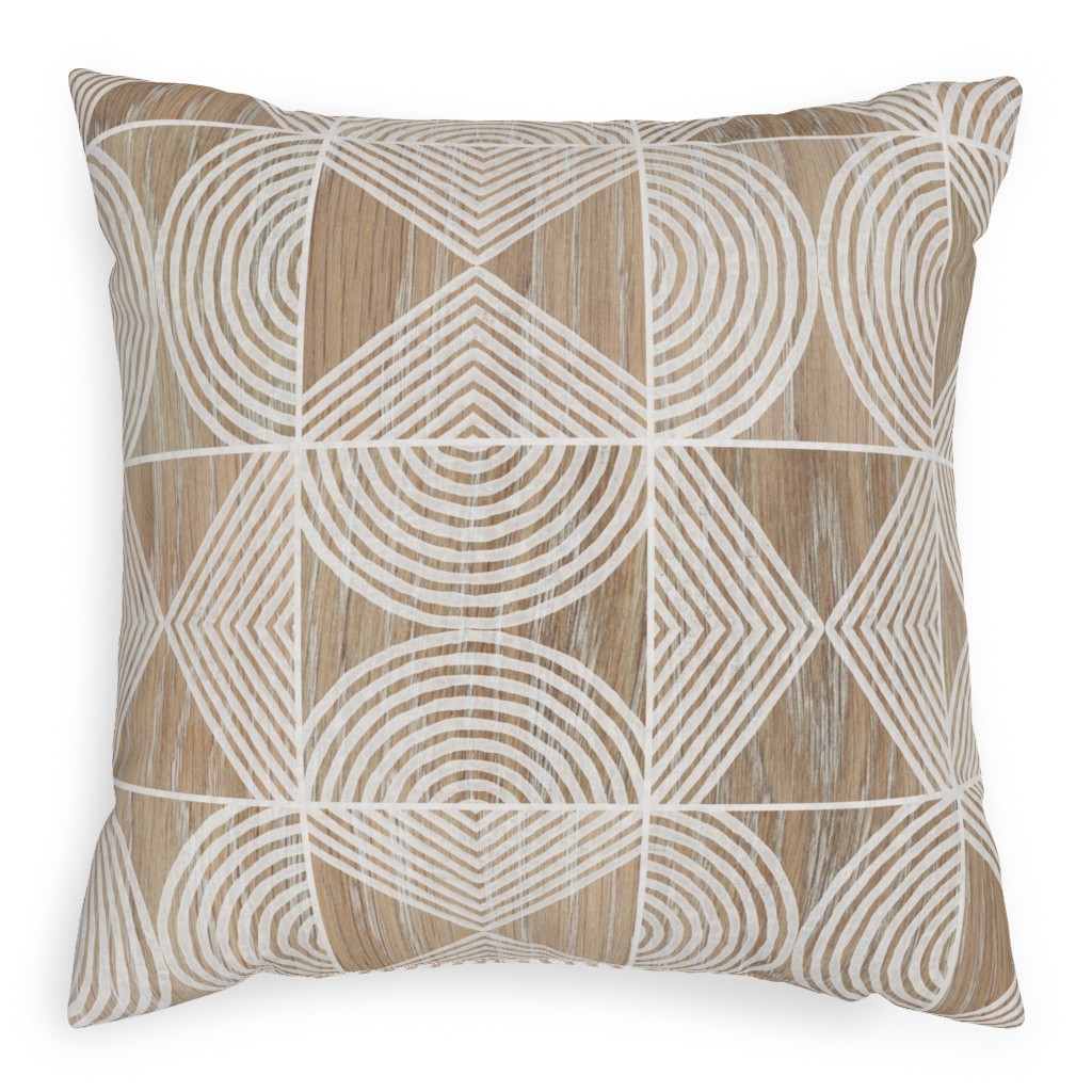 Boho Tribal Woodcut Geometric Shapes Pillow, Woven, White, 20x20, Double Sided, Beige