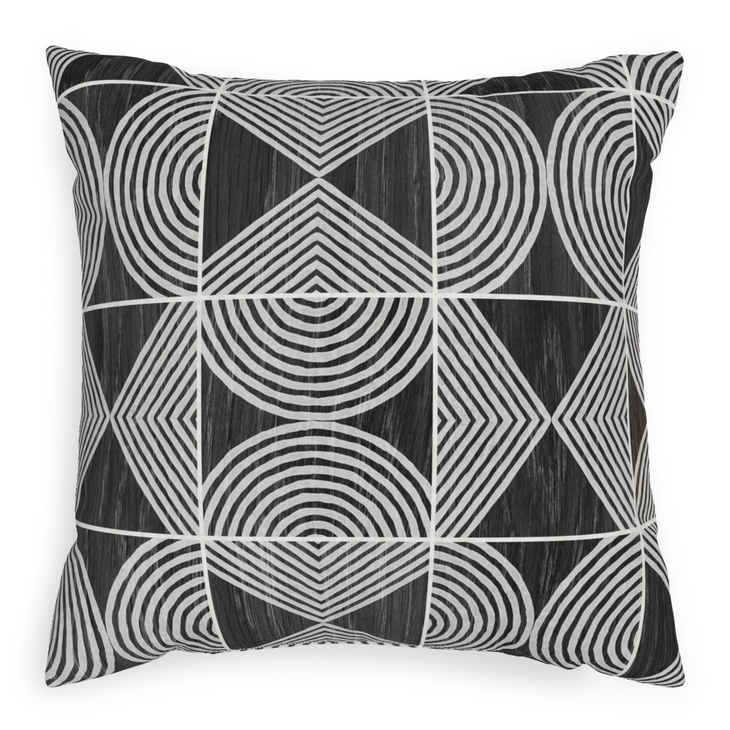 Boho Tribal Woodcut Geometric Shapes Pillow, Woven, White, 20x20, Double Sided, Black, Coal