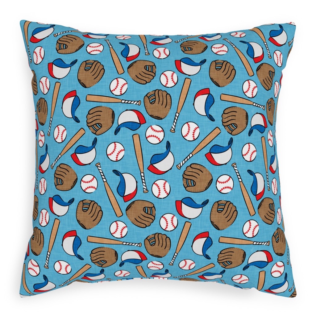 Baseball Bats Mits and Balls Pillow, Woven, White, 20x20, Double Sided, Blue, Waterfall