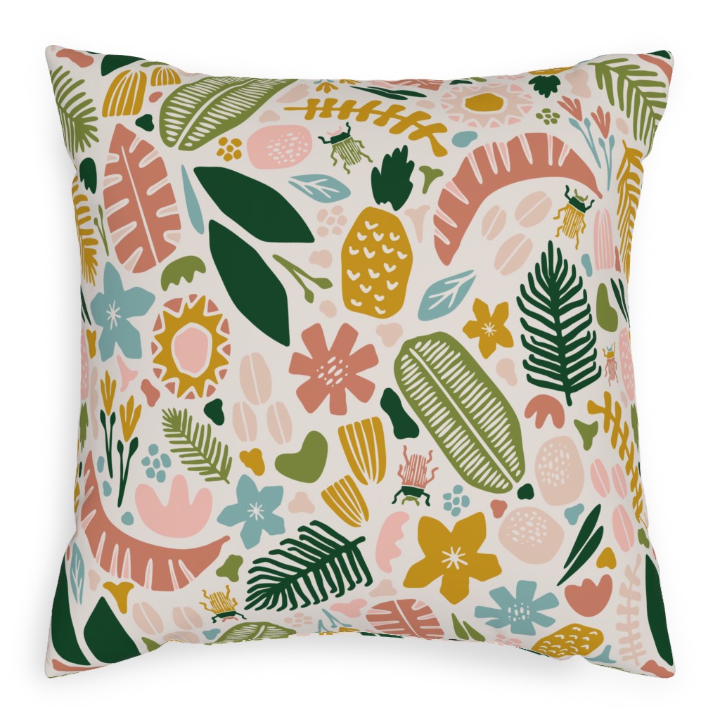 Tropical Adventure Woodcut - Multi Pillow, Woven, White, 20x20, Double Sided, Multicolor