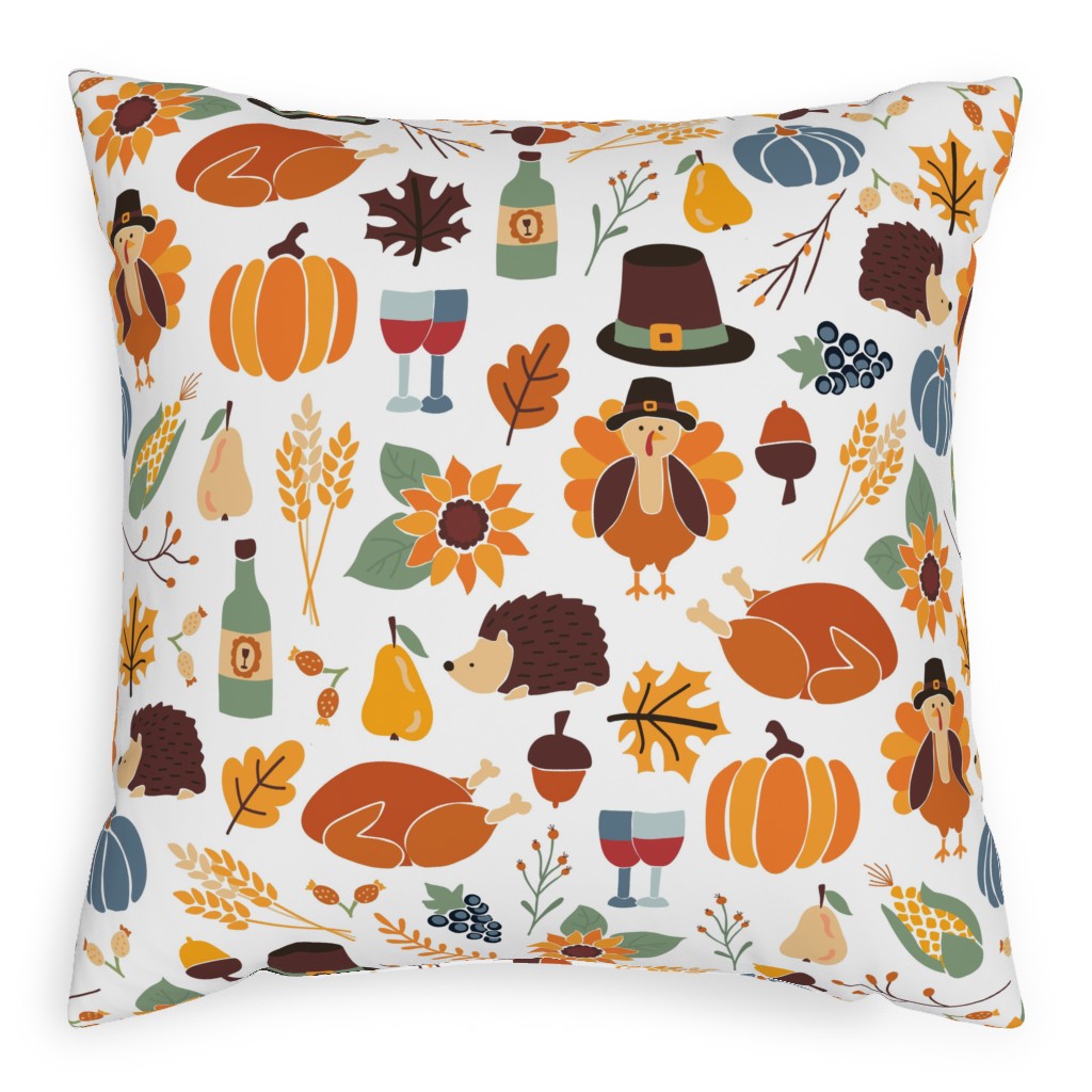 Thanksgiving - Multi on White Pillow, Woven, White, 20x20, Double Sided, Multicolor