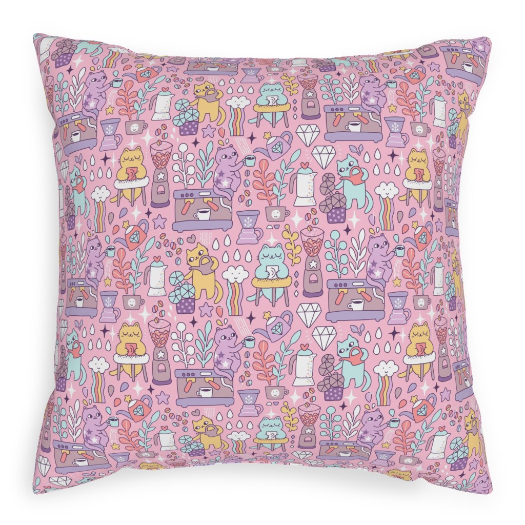 Cute Cats - Multicolor Pastel Pillow, Woven, White, 20x20, Double Sided, Pink