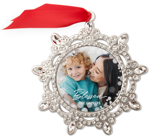 Blessed Scripted Bokeh Jeweled Ornament, None, White, Snowflake Ornament
