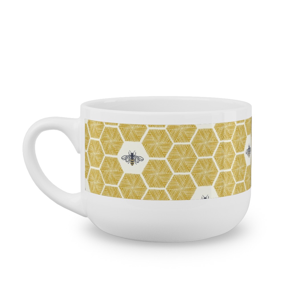 Bees Stitched Honeycomb - Gold Latte Mug, White, , 25oz, Yellow, Classic Yellow