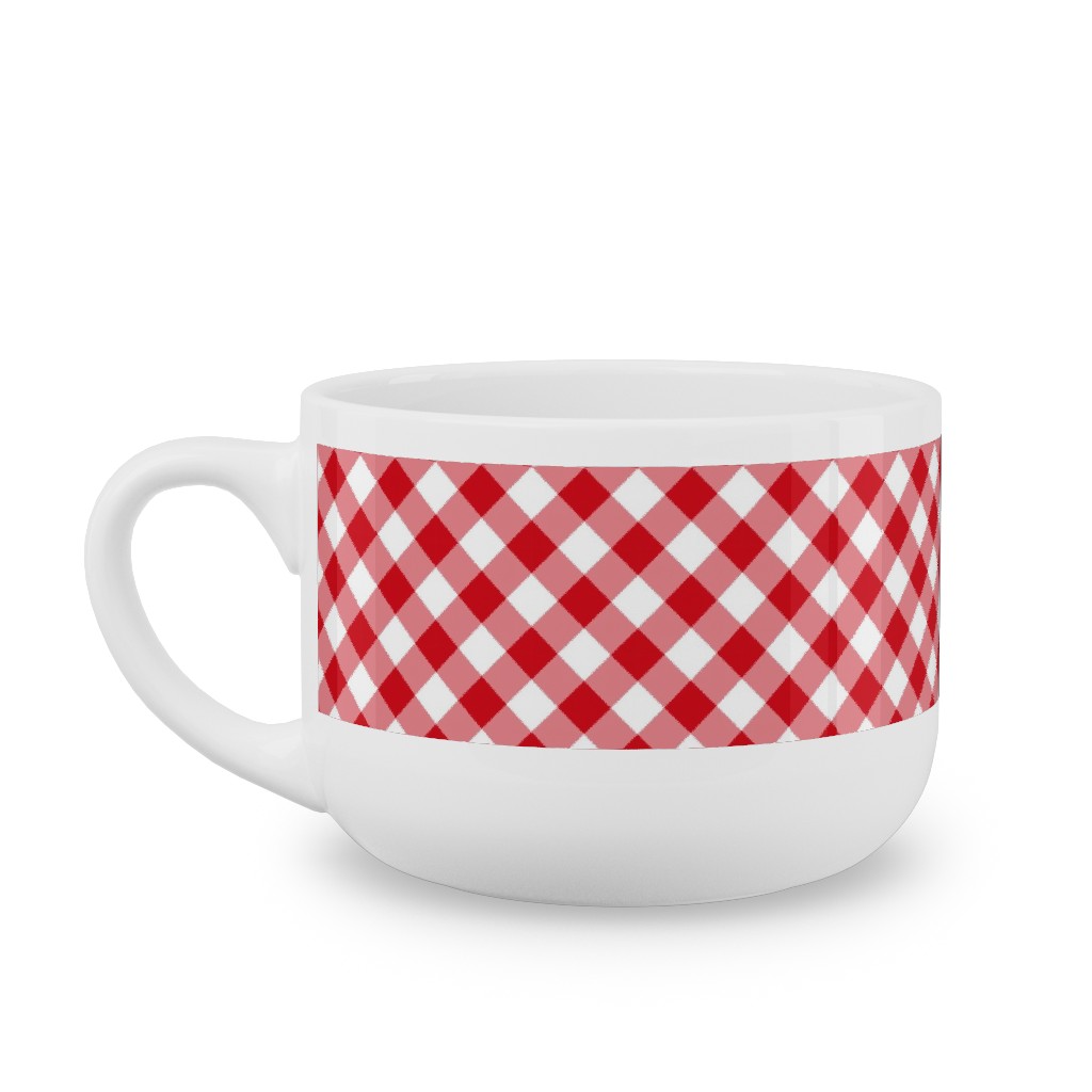 Diagonal Gingham - Red and White Latte Mug, White,  , 25oz, Red