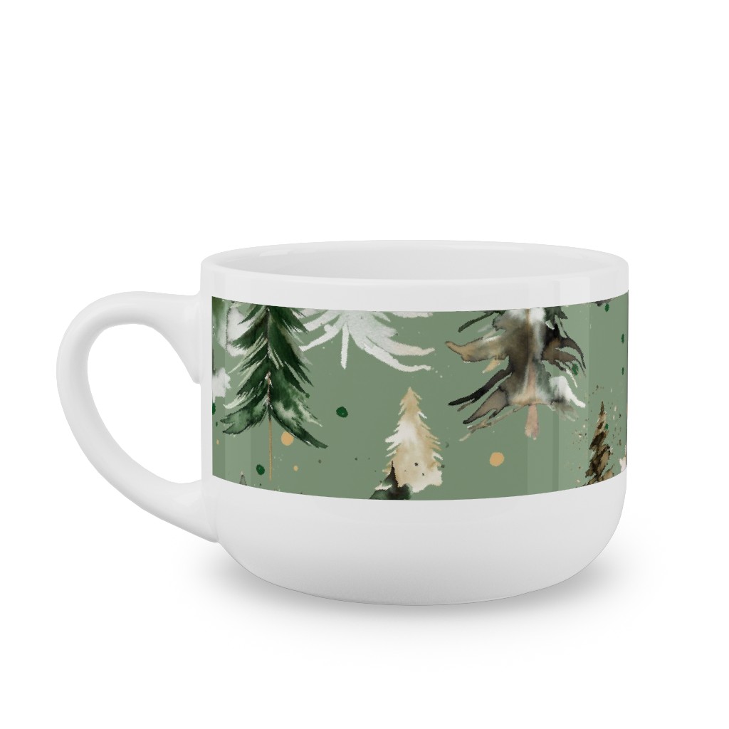 Watercolor Pines and Spruces Christmas - Green Latte Mug, White,  , 25oz, Green