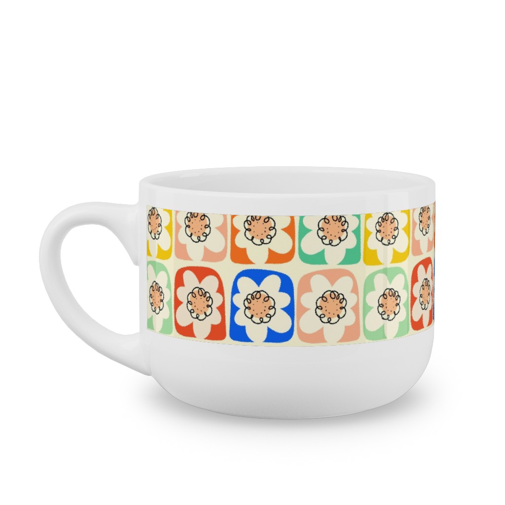Abstract Retro Flower Doodle Squares - Multi Latte Mug, White,  , 25oz, Multicolor