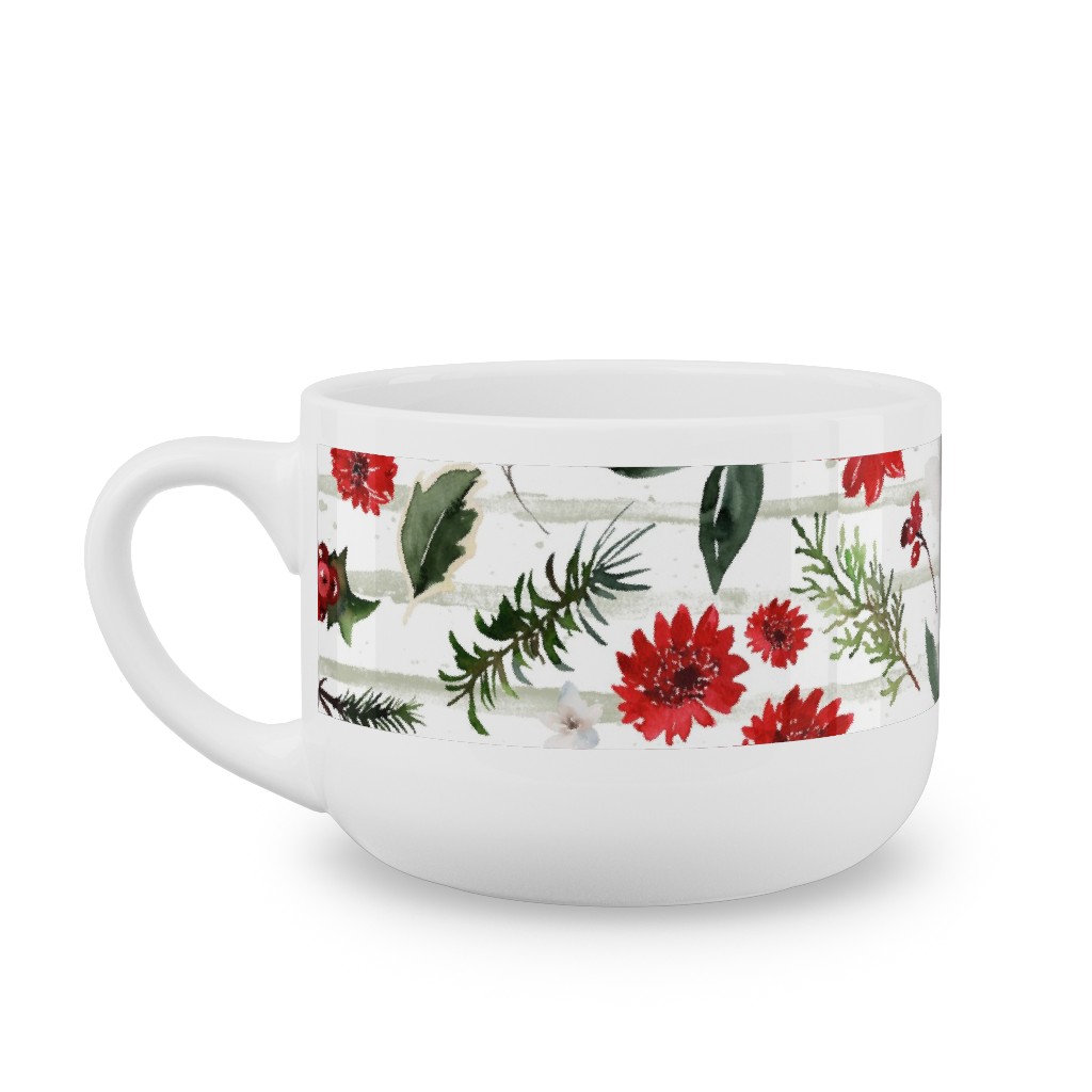 Jolly Christmas Florals - Mint Sage Stripes Latte Mug, White,  , 25oz, Multicolor