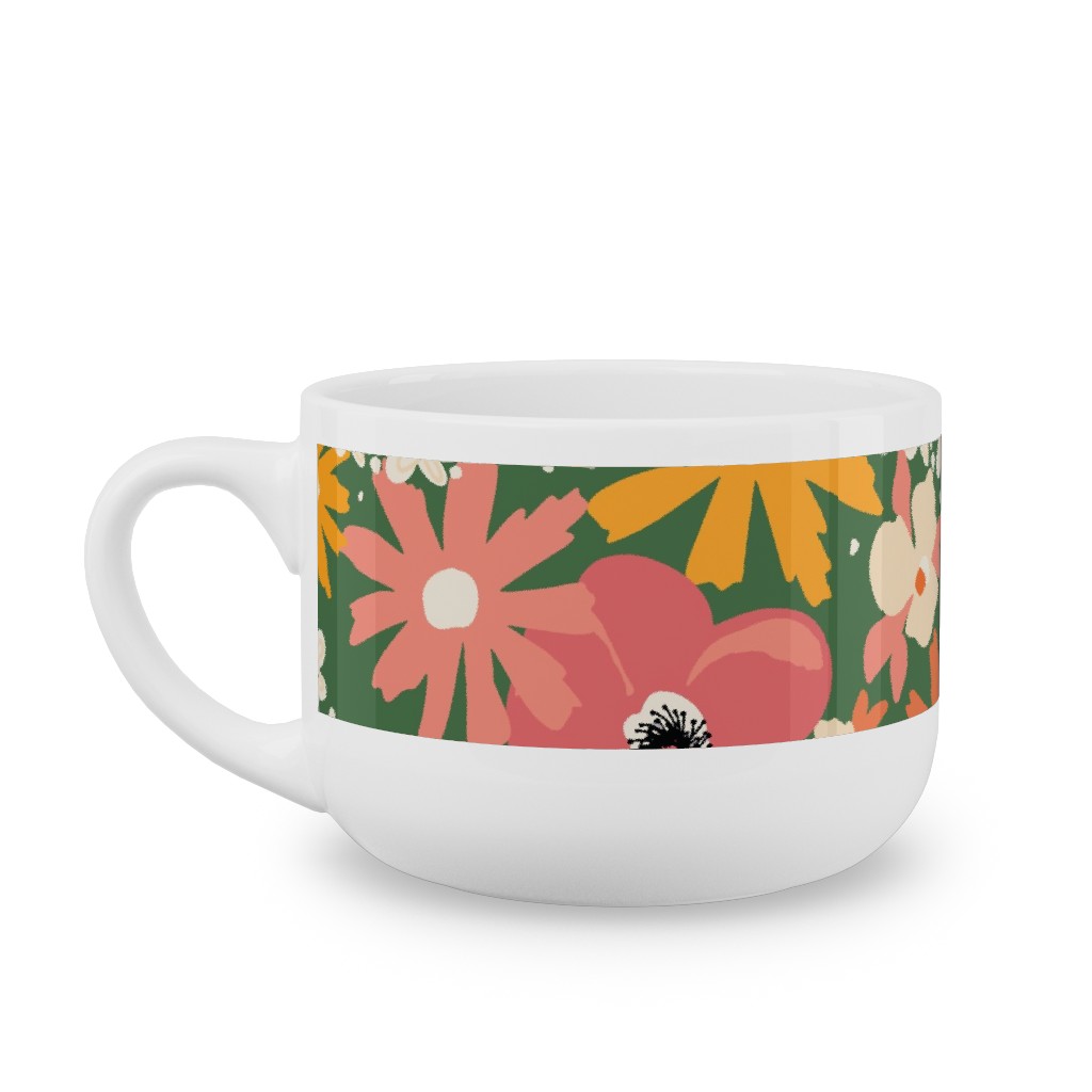 Summer Florals - Green Pink White and Orange Latte Mug, White, , 25oz, Multicolor