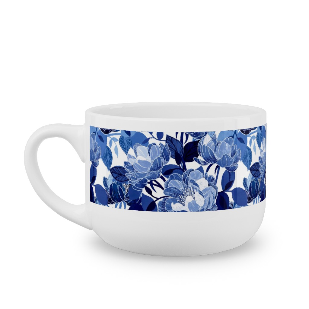 Chintz Peonies - Blue Latte Mug, White, , 25oz, Blue, True Blue