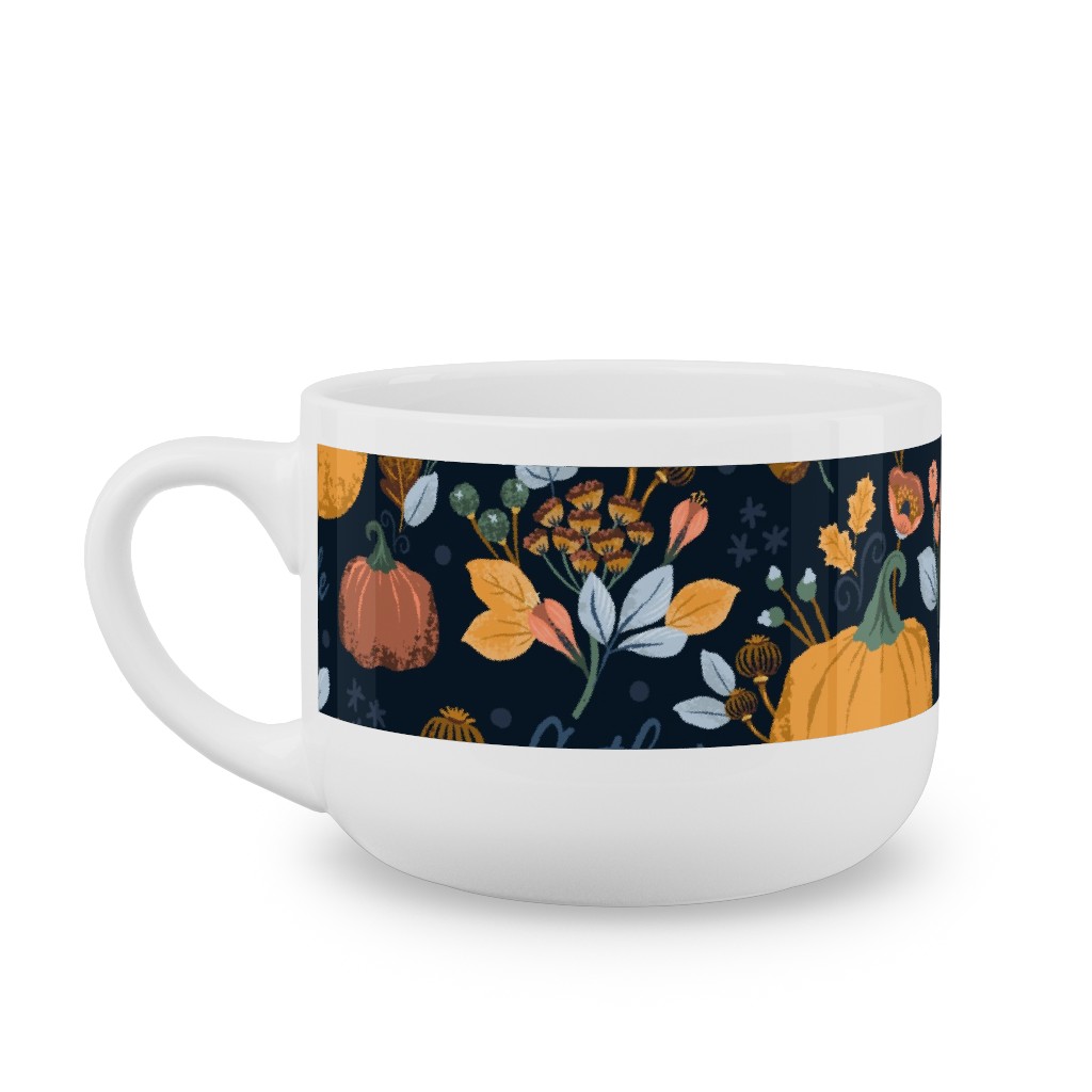 Smaller Scale Elegant Navy Fall Floral - Harvest Gratitude + Cozy Petal Solids Latte Mug, White,  , 25oz, Orange