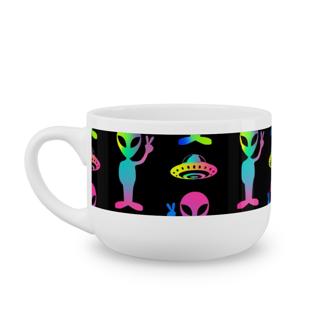 90's Rainbow Aliens and Ufos - Multi on Black Latte Mug, White,  , 25oz, Black