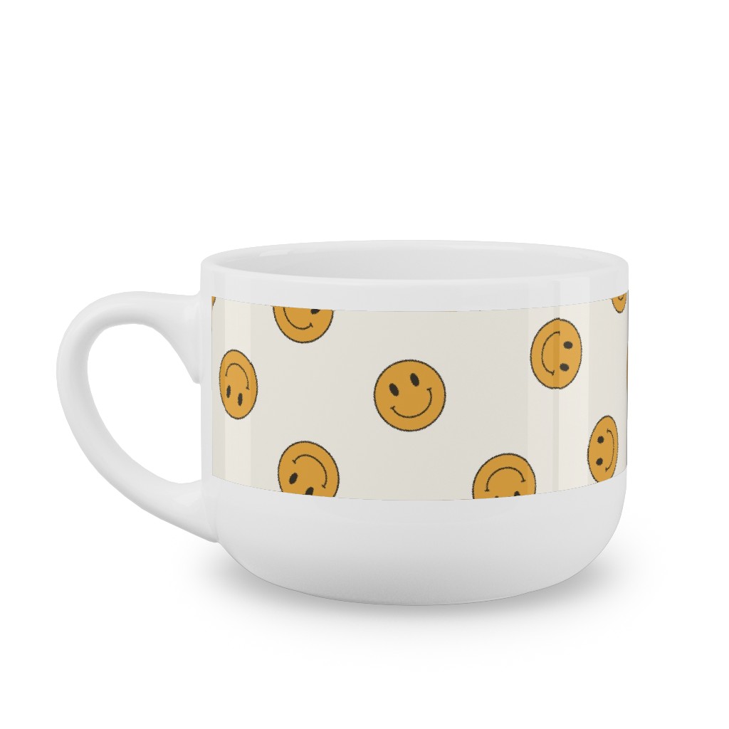 Retro Smiley Face - Cream and Yellow Latte Mug, White,  , 25oz, Yellow