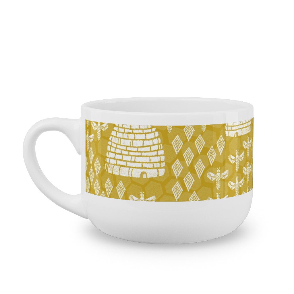 Bee Hives, Spring Florals Linocut Block Printed - Golden Yellow Latte Mug, White,  , 25oz, Yellow