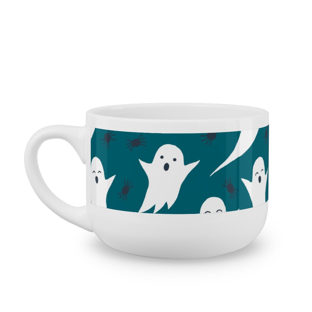 Halloween Ghosts - Dark Teal Latte Mug, White,  , 25oz, Green