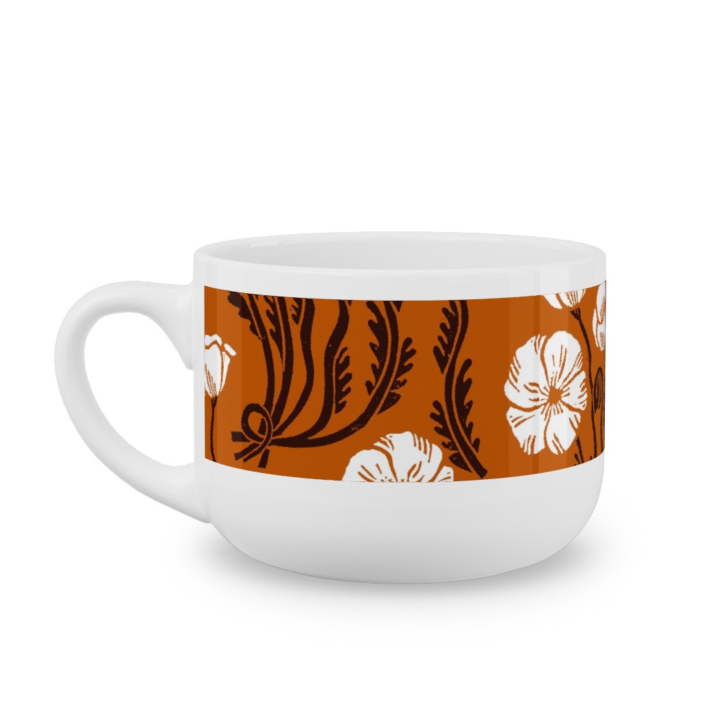 Poppy, Fall Harvest Block Printed Vintage Florals Latte Mug, White,  , 25oz, Orange