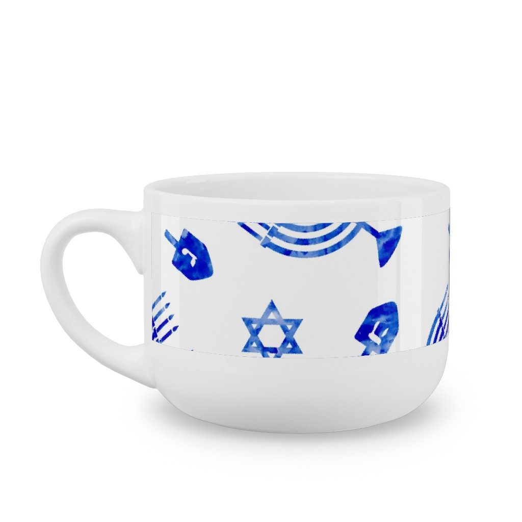 Watercolor Hanukkah Menorah, Dreidel, Star of David - Blue Latte Mug, White,  , 25oz, Blue