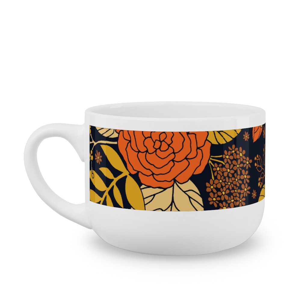 Retro Floral - Orange Brown and Yellow Latte Mug, White,  , 25oz, Orange