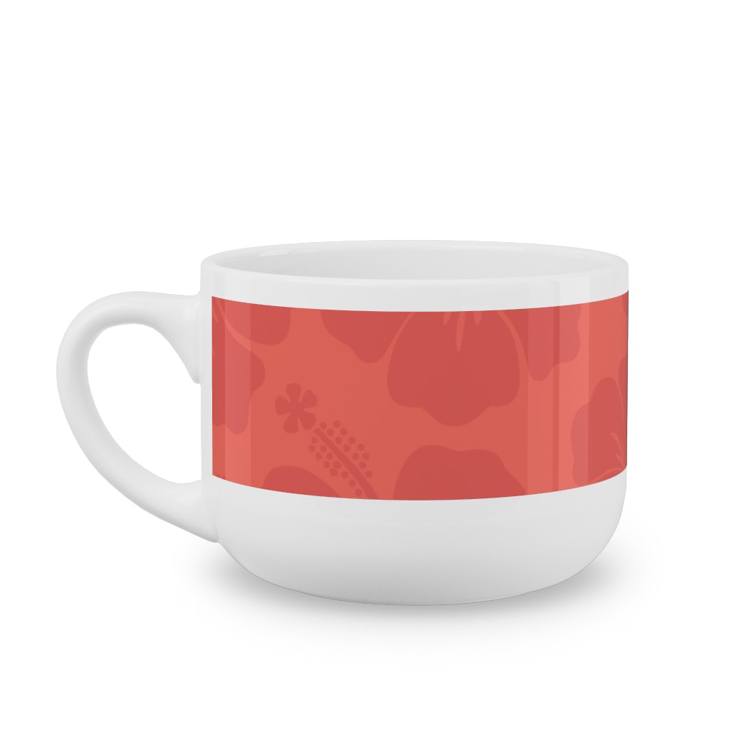 Hibiscus Florals - Coral and Red Latte Mug, White, , 25oz, Pink, Bright Pink