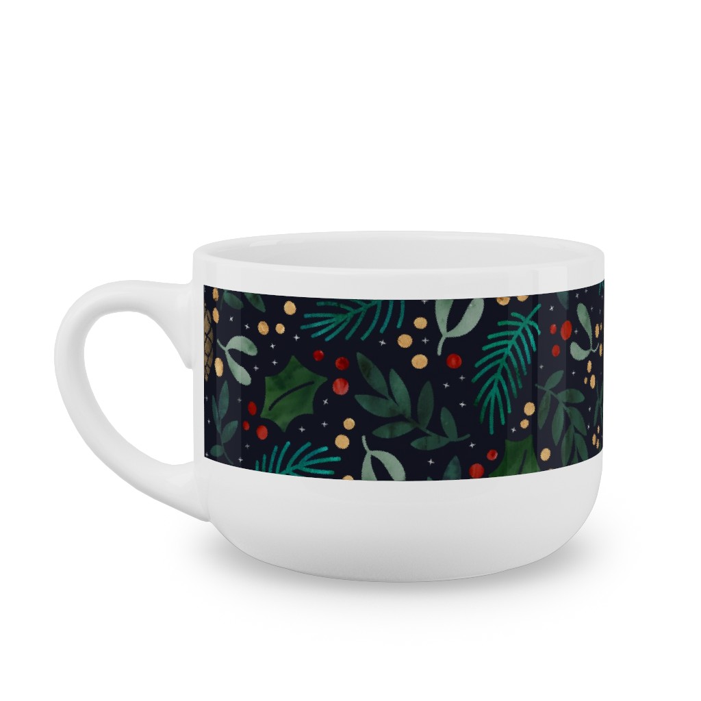 Christmas Florals - Dark Green Latte Mug, White,  , 25oz, Green
