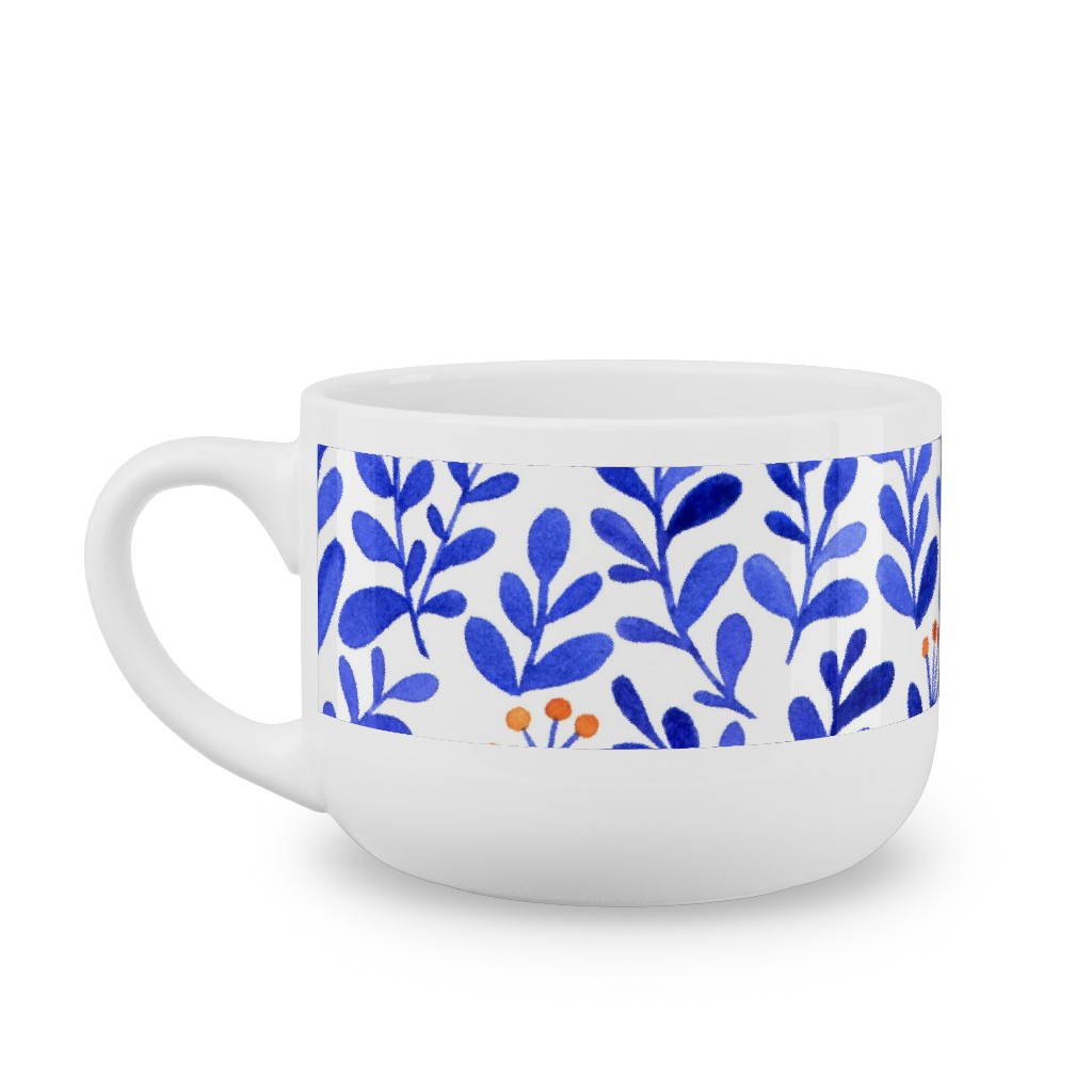 Leaves - Blue Latte Mug, White,  , 25oz, Blue