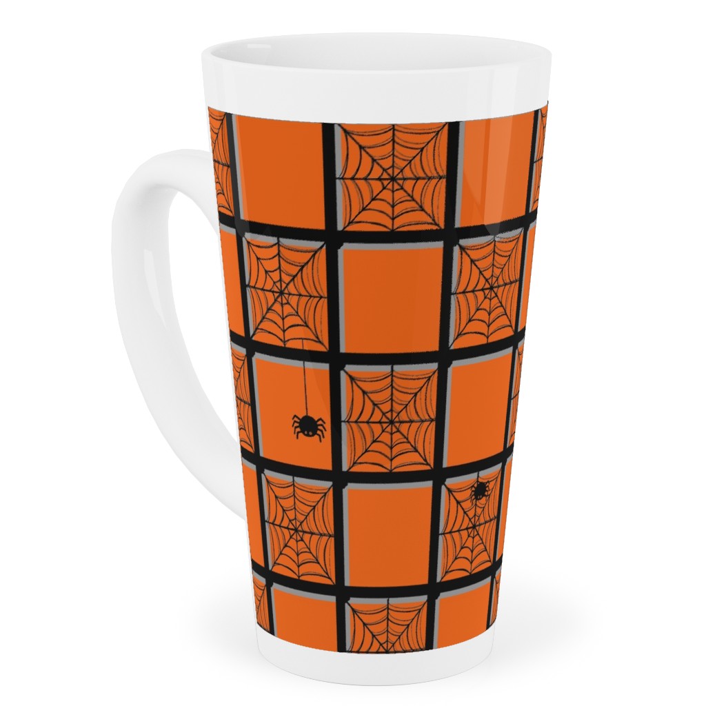 Orange Plaid Spider Webs Tall Latte Mug, 17oz, Orange