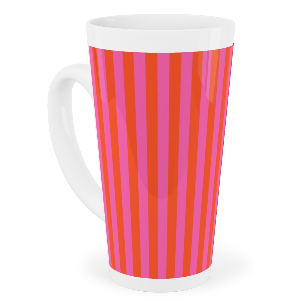 Piccadilly Pinstripes in Mod - Orange and Pink Tall Latte Mug, 17oz, Pink, Bright Pink