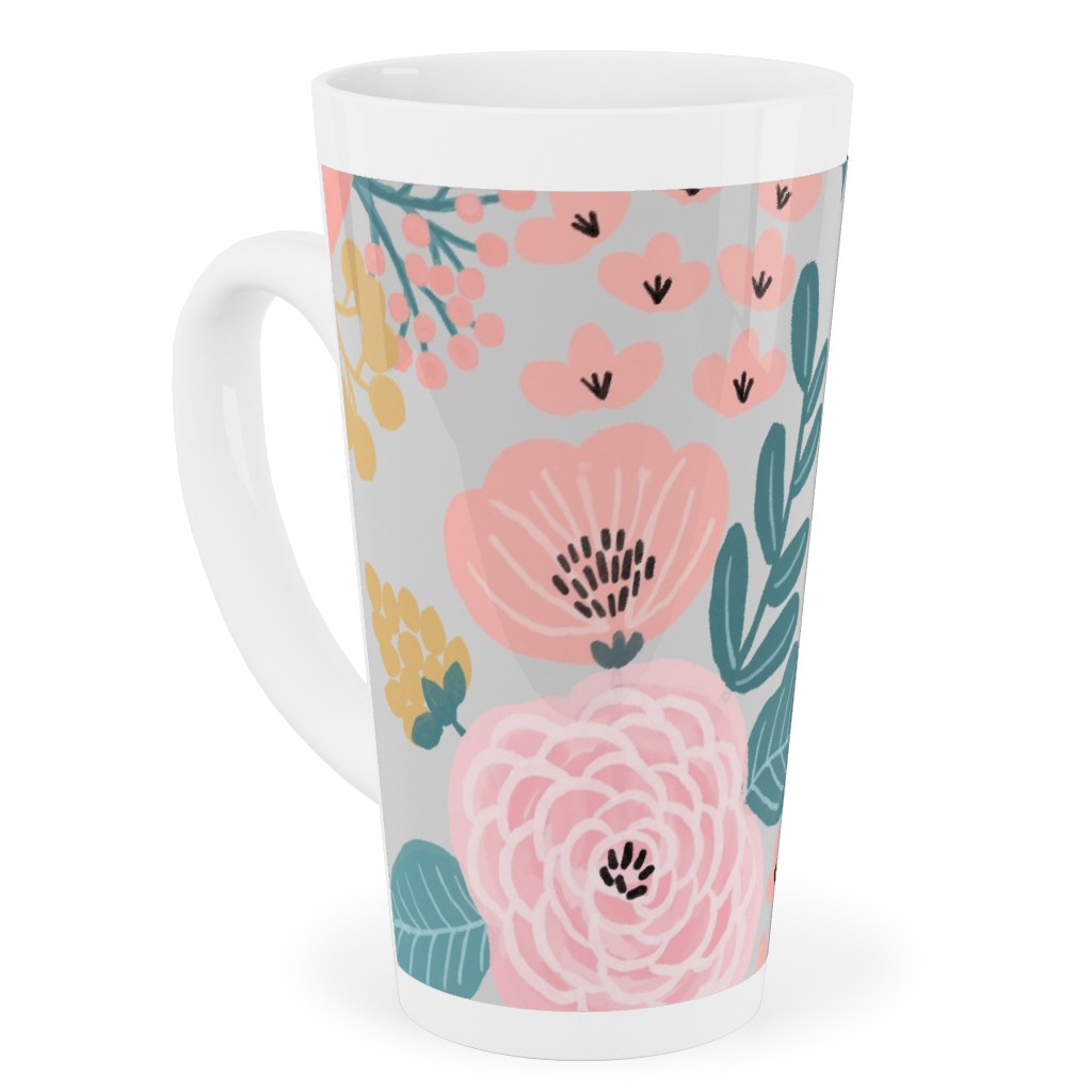 June Botanicals - Gray Tall Latte Mug, 17oz, Pink, Bright Pink