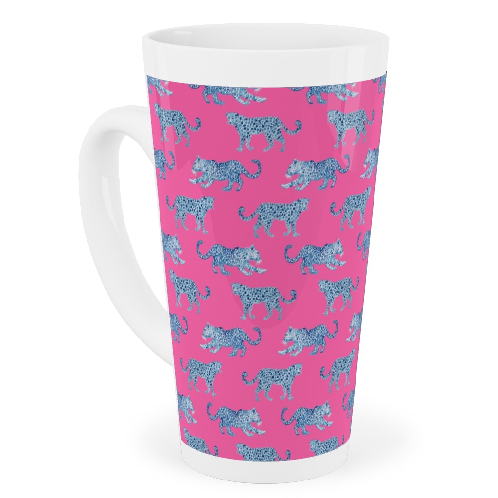 Tiny Leopard Parade - Blue on Hot Pink Tall Latte Mug, 17oz, Pink