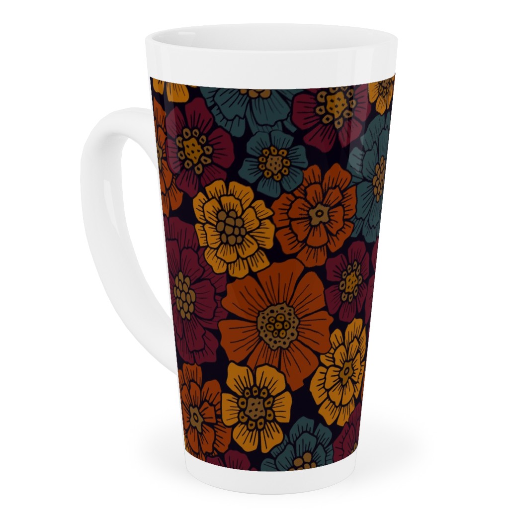 Burgundy, Rust, Mustard & Teal Floral Tall Latte Mug, 17oz, Red, Red