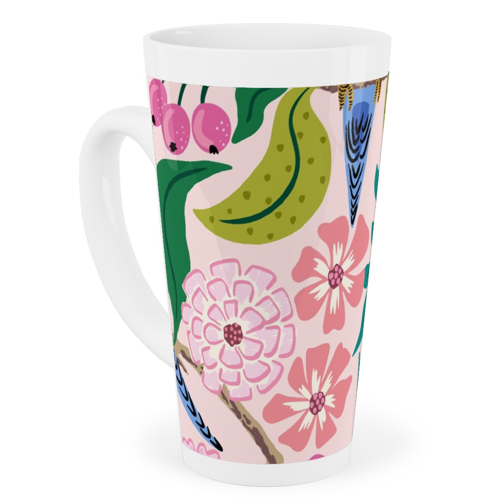 Budgies and Butterflies - Pink and Green Tall Latte Mug, 17oz, Pink