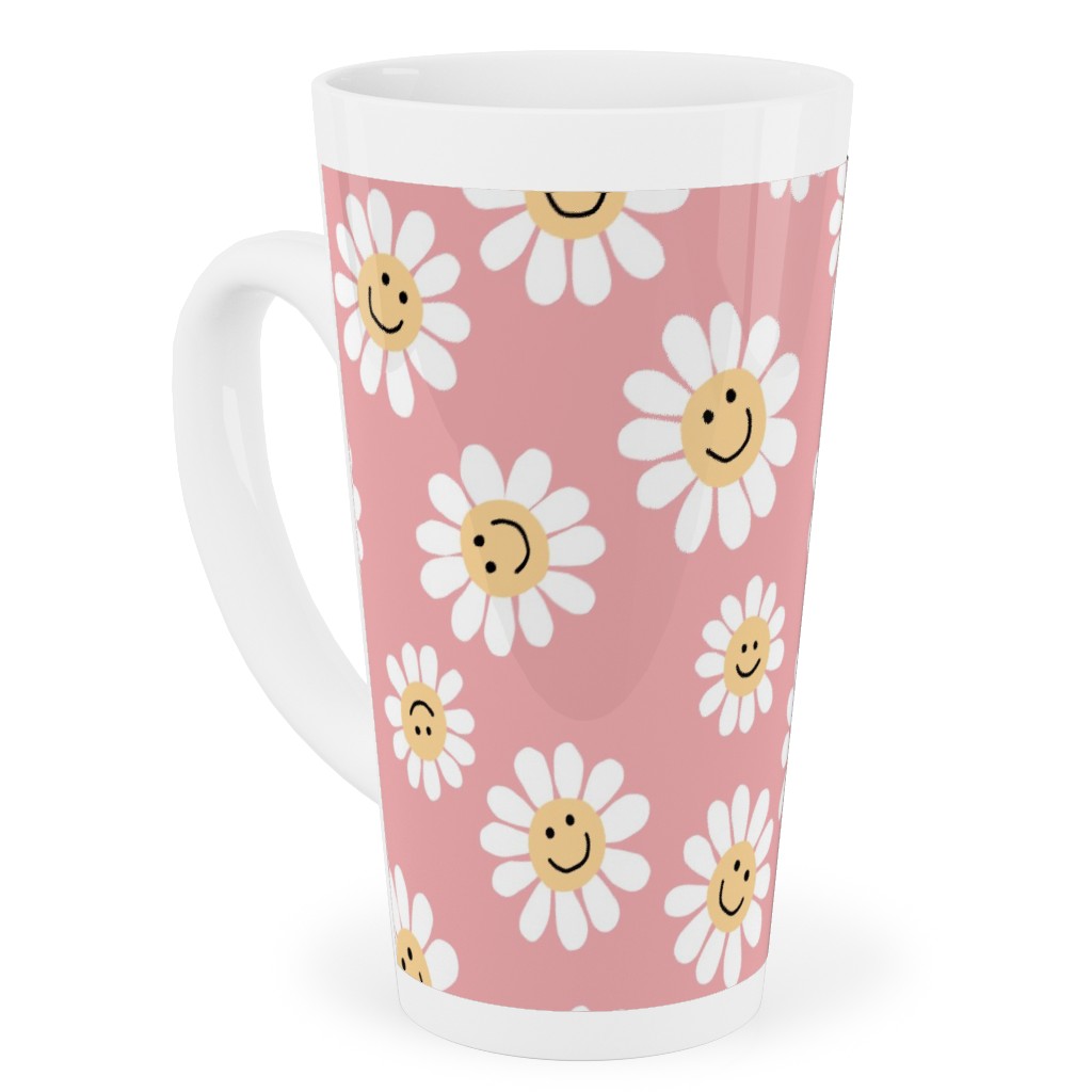 Smiley Daisy Flowers - Pink Tall Latte Mug, 17oz, Pink, Bright Pink