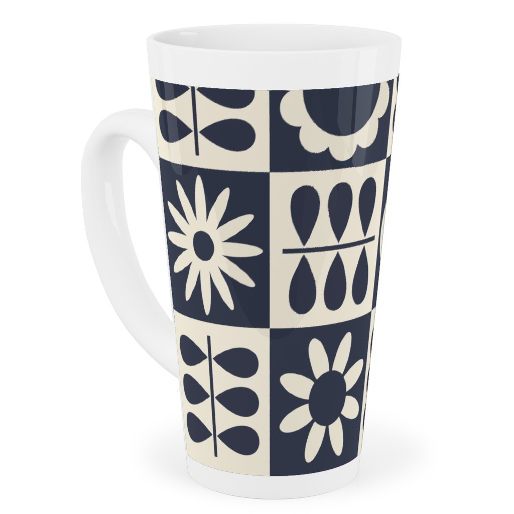 Scandinavian Checker Blooms - Off White and Navy Tall Latte Mug, 17oz, Black, Black