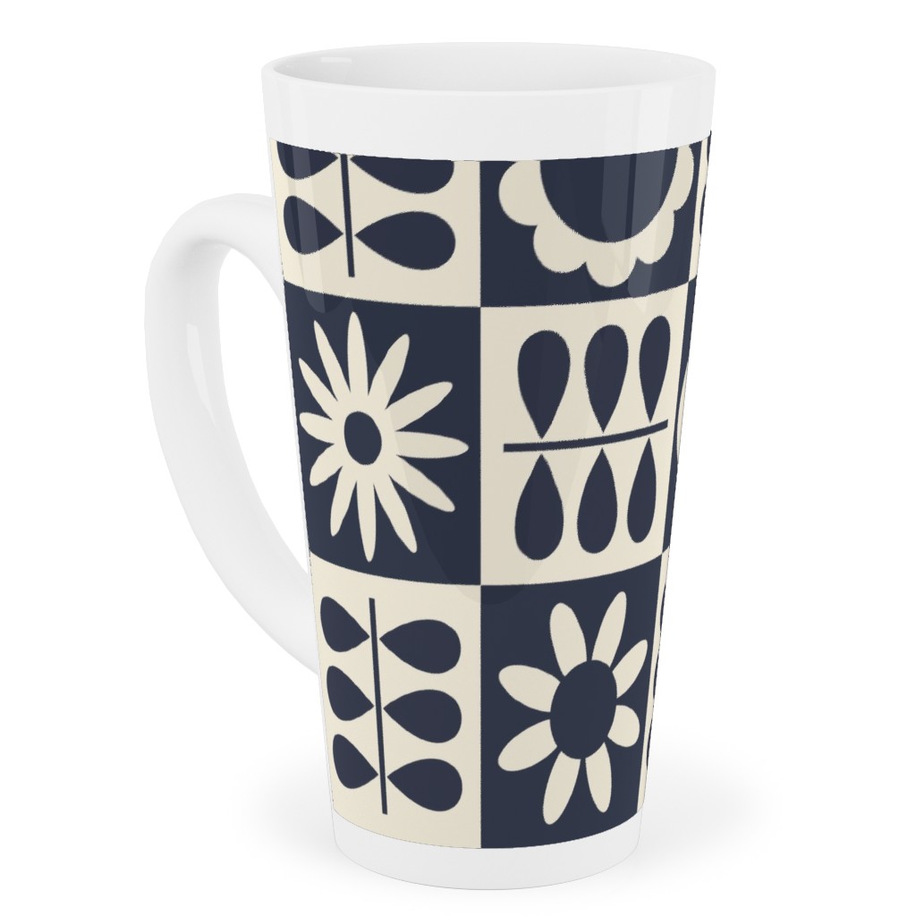 Scandinavian Checker Blooms - Off White and Navy Tall Latte Mug, 17oz, Black