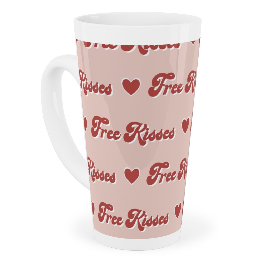 Free Kisses - Retro Hearts - Red on Pink Tall Latte Mug, 17oz, Pink