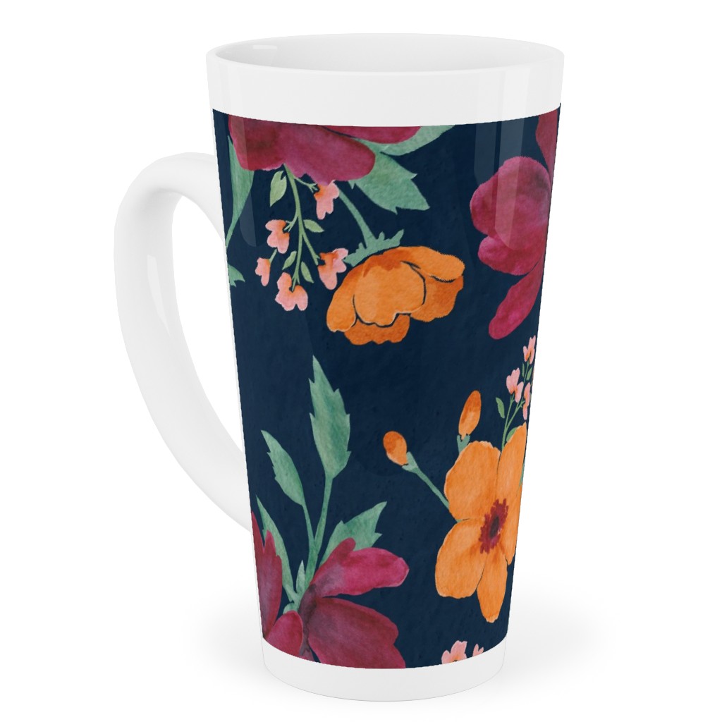 Watercolor Autumn Florals - Navy Tall Latte Mug, 17oz, Multicolor