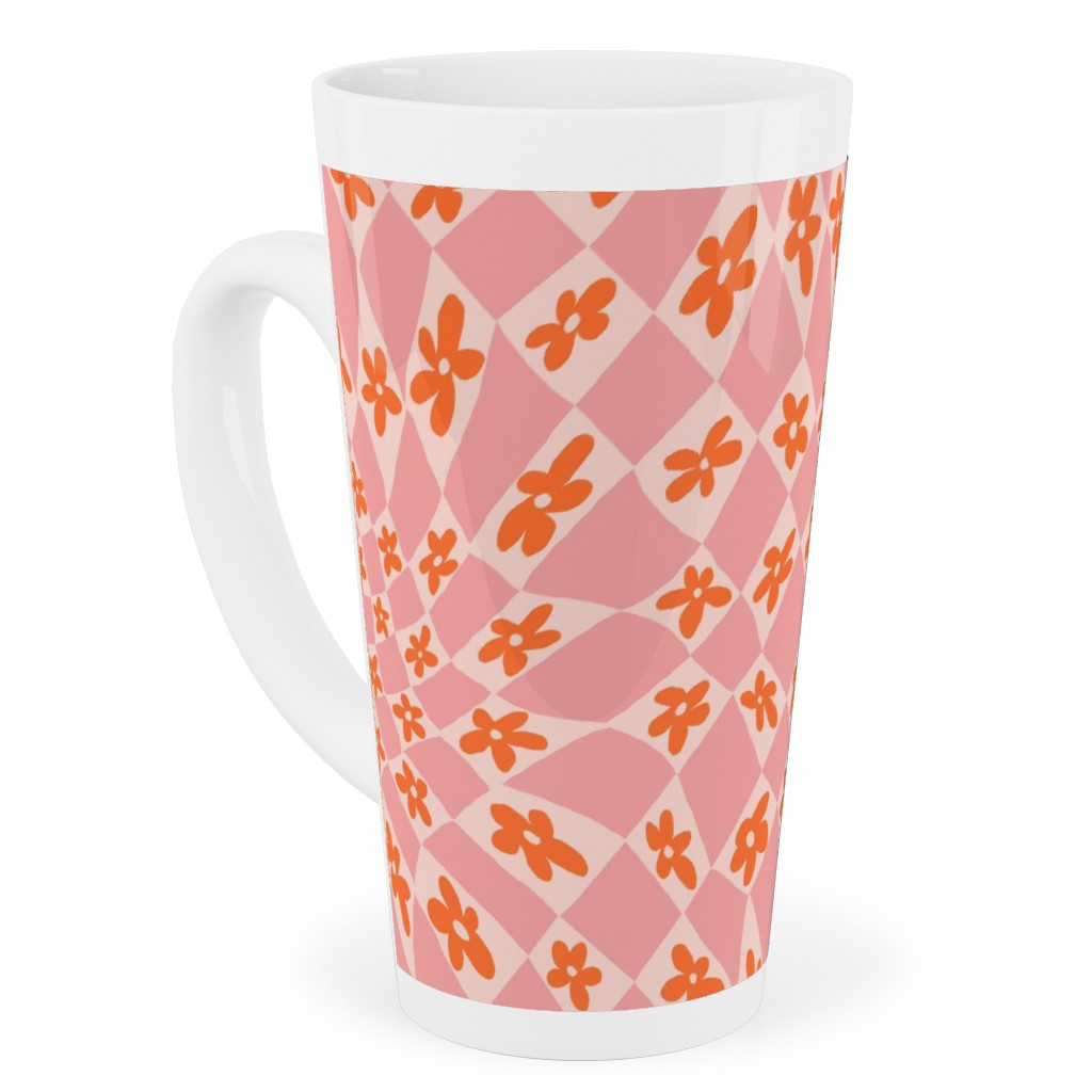 Trippy Checker - Floral - Pink and Orange Tall Latte Mug, 17oz, Pink