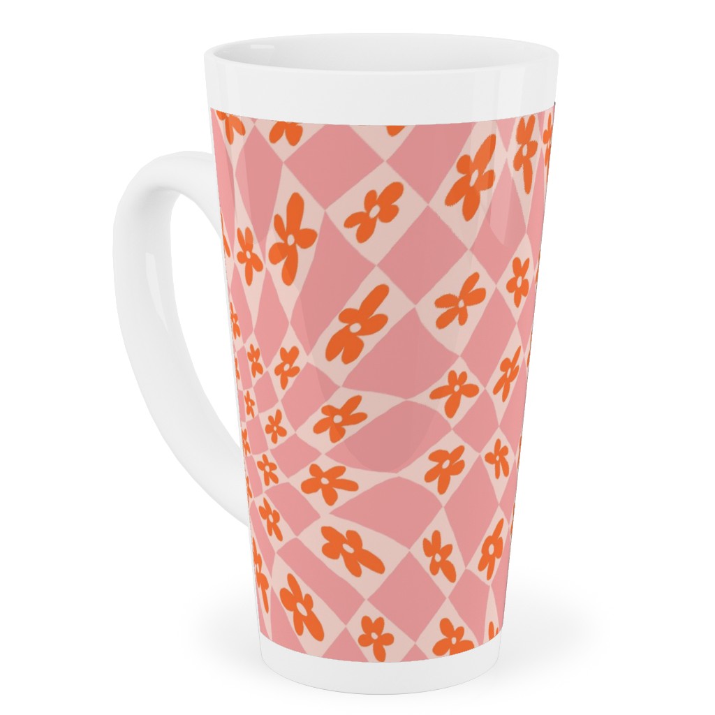 Trippy Checker - Floral - Pink and Orange Tall Latte Mug, 17oz, Pink, Bright Pink